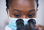 Mask, microscope or black woman scientist in laboratory for research, analysis or experiment innovation. Healthcare, investigation or biologist with lab equipment for future development or results 