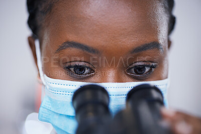 Buy stock photo Mask, microscope or black woman scientist in laboratory for research, analysis or experiment innovation. Healthcare, investigation or biologist with lab equipment for future development or results 