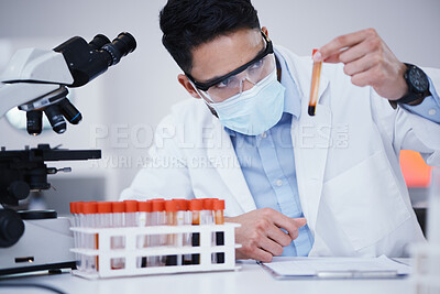 Buy stock photo Blood test, research and scientist man with tube analysis, vaccine and healthcare face mask in laboratory. Medical, science doctor or person focus, inspection and red, dna liquid or covid 19 solution