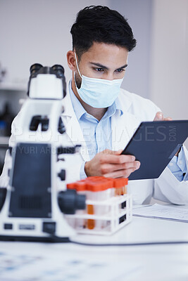 Buy stock photo Blood test, tablet and scientist man with research analysis, vaccine and healthcare, face mask and laboratory data. Medical, science doctor or person with digital technology for covid or dna results