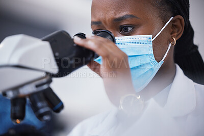 Buy stock photo Medical, analysis and microscope for woman scientist in laboratory for research, experiment and innovation. Healthcare, investigation and lady health expert with lab equipment for future development 