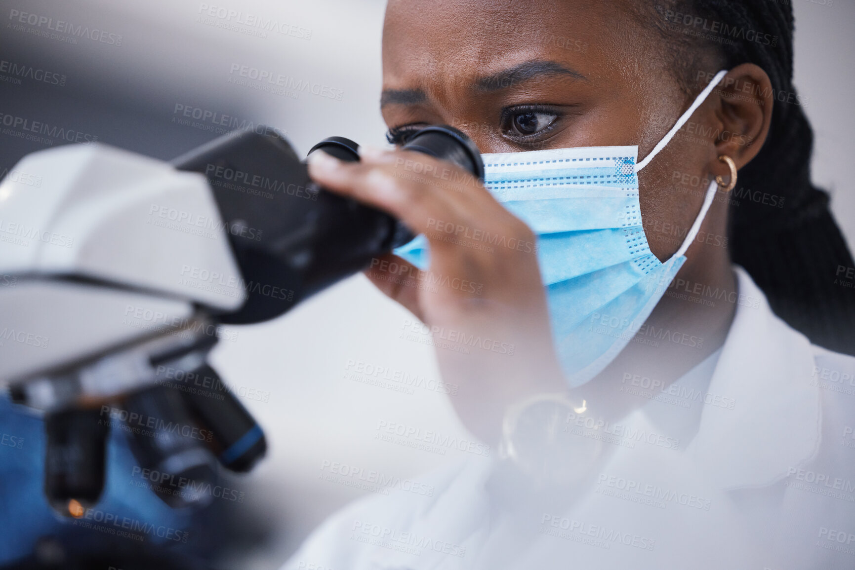 Buy stock photo Medical, analysis and microscope for woman scientist in laboratory for research, experiment and innovation. Healthcare, investigation and lady health expert with lab equipment for future development 