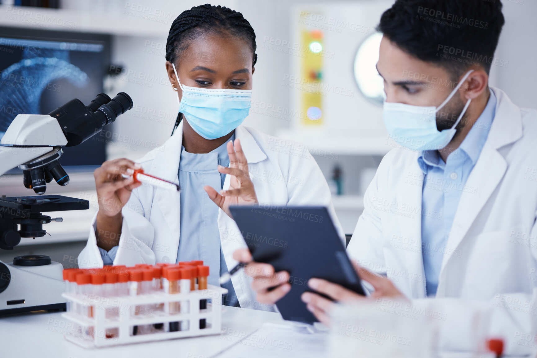 Buy stock photo Science, blood test and people on tablet for research analysis, vaccine or healthcare, face mask and laboratory. Medical data, scientist team or woman on digital tech, talking of covid or dna results
