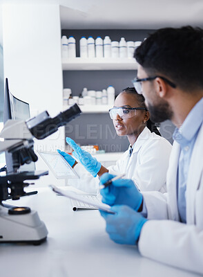 Buy stock photo Scientist man, woman and tablet for microscope analysis, dna or virus for pharmaceutical company in lab. Teamwork, medical research and digital touchscreen for data, info or pharma study for wellness
