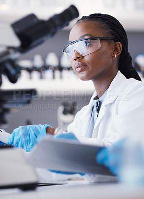 Buy stock photo Computer, black woman or scientist reading research for online analysis, sustainability or innovation. Science, studying biotechnology or African ecology expert in a laboratory for agro development 