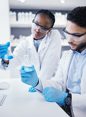 Buy stock photo Man, black woman or scientists with liquid research for a test analysis, experiment or medical innovation. Glass beaker, studying biotechnology or researchers in laboratory for science development