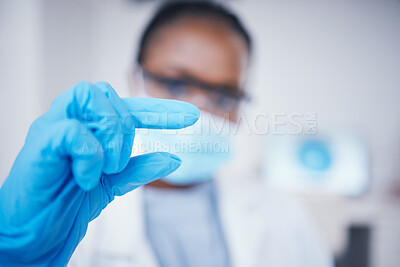 Buy stock photo Laboratory, woman or hand of scientist with little sign for research, assessment or experiment innovation. Healthcare, blur or biologist with small scale gesture for future development or results 