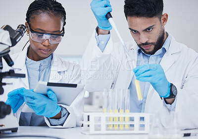 Buy stock photo Man, black woman or scientists with test tubes in research for medical, experiment assessment or innovation. Tablet, studying biotechnology or researchers team in laboratory for science development 