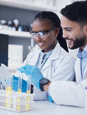 Buy stock photo Test tube, laboratory and scientist people for medical research, vaccine solution and data analysis teamwork. Healthcare, science partner and happy woman with medicine or liquid inspection or check