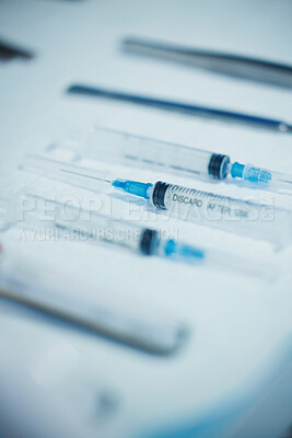Buy stock photo Medical tools closeup, needle syringe for surgical procedure and healthcare equipment in operating theater. Medicine, health insurance and operation, surgery in hospital with clean instruments