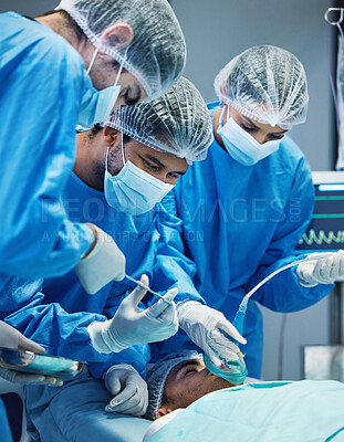 Buy stock photo Group of doctors in surgery, medicine and surgical procedure start with PPE and team in theatre in hospital. Medical operation, health insurance and safety gear with surgeon people and healthcare
