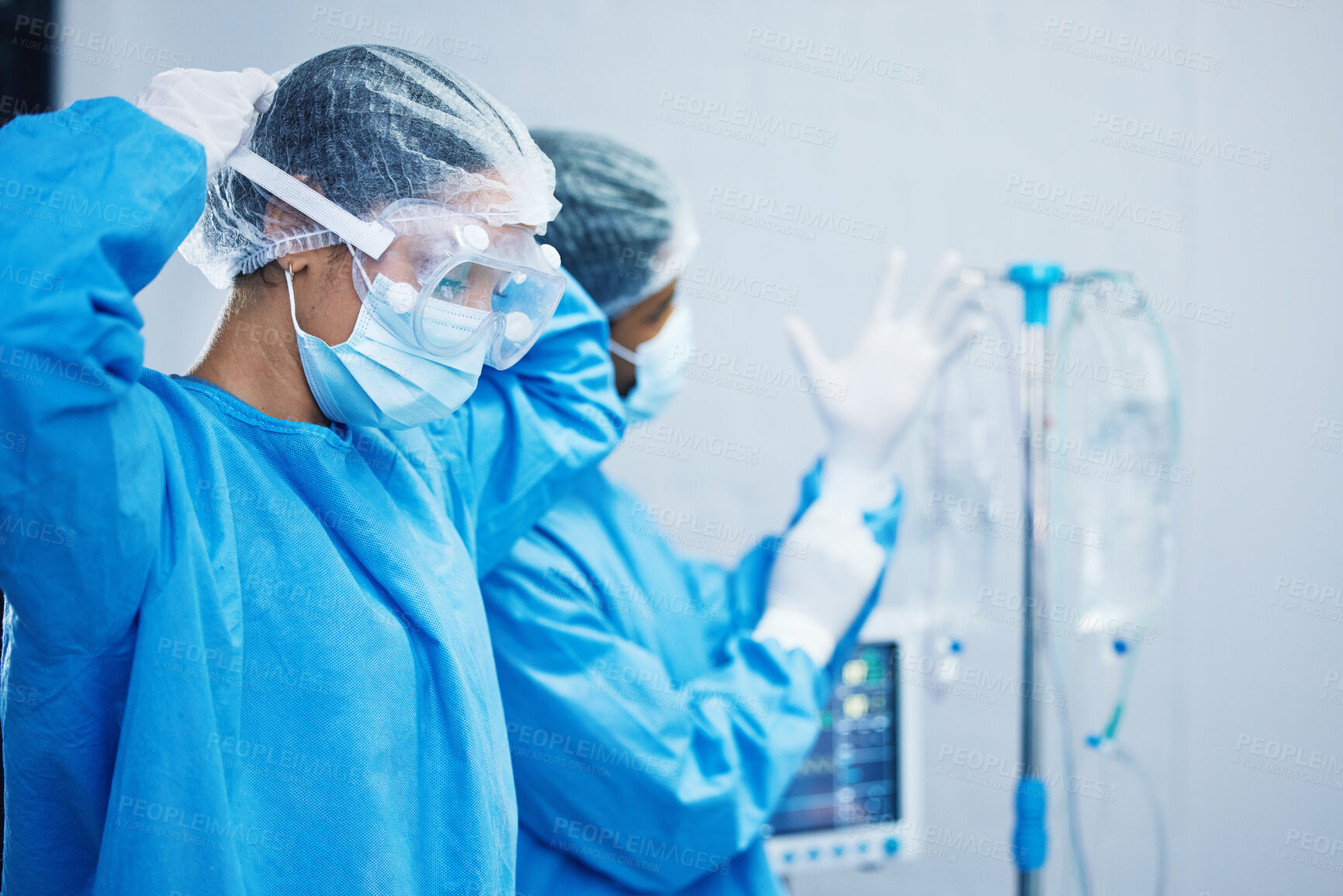 Buy stock photo Doctors in surgery, healthcare and surgical hygiene start with PPE and collaboration in operation theatre in hospital. Medical team, health insurance and safety gear with surgeon people in clinic