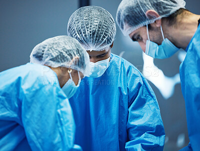 Buy stock photo Team of doctors n surgery, healthcare and surgical procedure start with PPE and collaboration in operation theatre in hospital. Medical, health insurance and safety gear with surgeon people in clinic