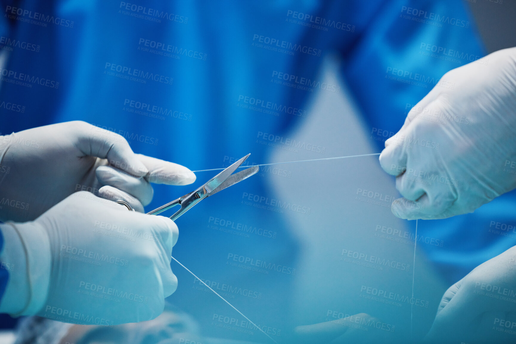 Buy stock photo Surgery, hands and doctor cut thread, stitching patient and surgical procedure with health insurance. People in medicine, surgeon with scissors and medical tools with collaboration in hospital