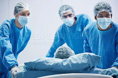 Buy stock photo Surgery, team and doctors in mask or working with patient, person in bed or operation in hospital with healthcare workers. Medicine, collaboration and trust in nurses, surgeon or people in clinic