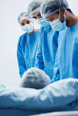 Buy stock photo Mask, surgery and team of doctors working with patient, person in bed or operation in hospital with healthcare workers. Medicine, collaboration and trust in nurses, surgeon or people in clinic