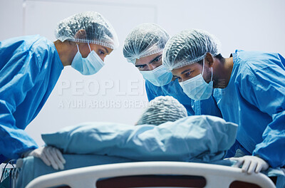 Buy stock photo Surgery, mask and team of doctors working with patient, person in bed or operation in hospital with healthcare workers. Medicine, collaboration and trust in nurses, surgeon or people in clinic