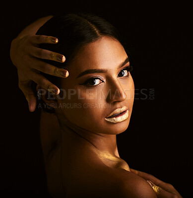 Buy stock photo Woman, gold makeup and studio portrait with paint, beauty or body art for creativity, design or black background. Girl, model or skin with metal texture, pattern or color with cosmetic for aesthetic