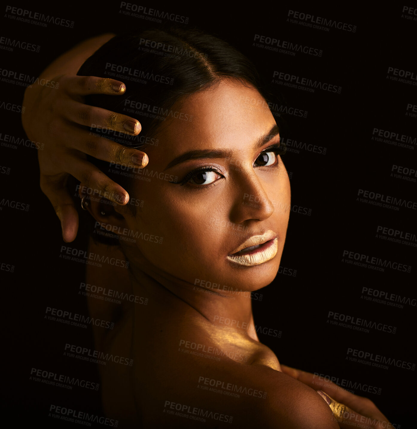 Buy stock photo Woman, gold makeup and studio portrait with paint, beauty or body art for creativity, design or black background. Girl, model or skin with metal texture, pattern or color with cosmetic for aesthetic