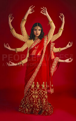 Buy stock photo Indian woman, studio and culture with mudra, portrait and magic for culture, yoga and fashion by red background. Girl, model and beauty for fantasy, jewellery and art with clothes for festive event