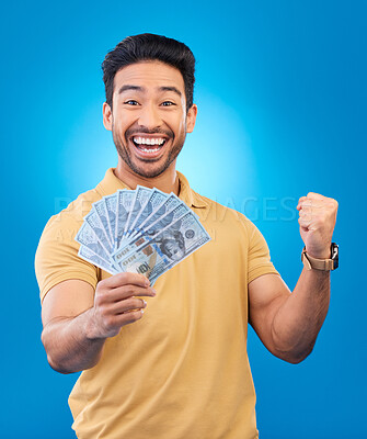 Buy stock photo Money, fist pump portrait and man excited for dollar bills, financial achievement award or bonus salary prize. Show cash, happy winner and person cheers for income, revenue or win on blue background