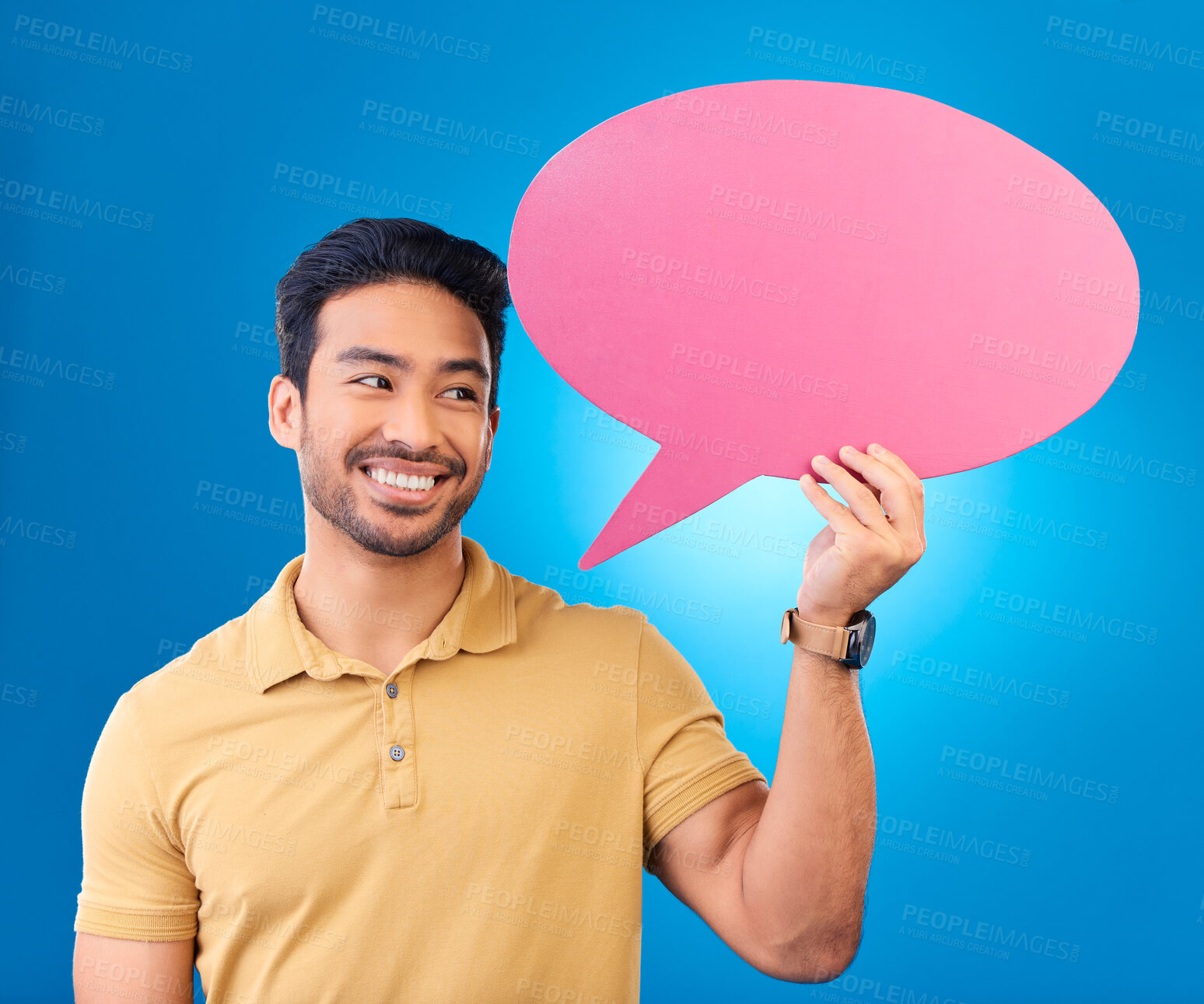 Buy stock photo Happy, speech bubble and thinking Asian man for communication, feedback or chat. Excited, idea and a person with a board for conversation isolated on a blue background in a studio with space