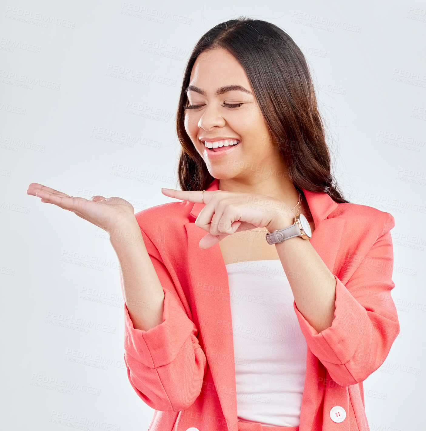 Buy stock photo Pointing, fashion or hand of happy woman for a sale, retail product offer or discount deal in studio. Option, smile or girl showing mockup space or menu choice promotion isolated on white background