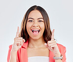 Pointing up, portrait or woman excited by sale, retail product offer or discount deal isolated in studio. Wow, smile or happy girl showing mockup space, news or choice promotion on white background