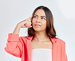 Thinking, face and business woman confused over corporate plan, problem solving solution or strategy ideas. Doubt, studio and professional person uncertain about decision choice on white background