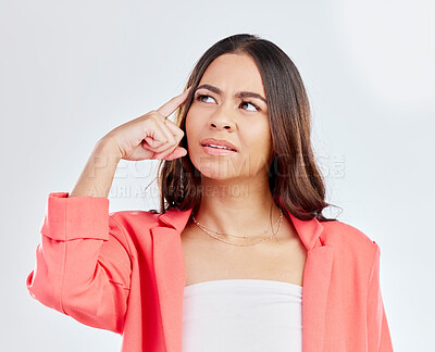 Buy stock photo Thinking, face and business woman confused over corporate plan, problem solving solution or strategy ideas. Doubt, studio and professional person uncertain about decision choice on white background