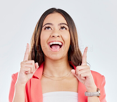 Buy stock photo Pointing up, excited or happy woman for a fashion sale, retail product offer or discount deal in studio. Wow, smile or girl showing mockup space or menu choice promotion isolated on white background