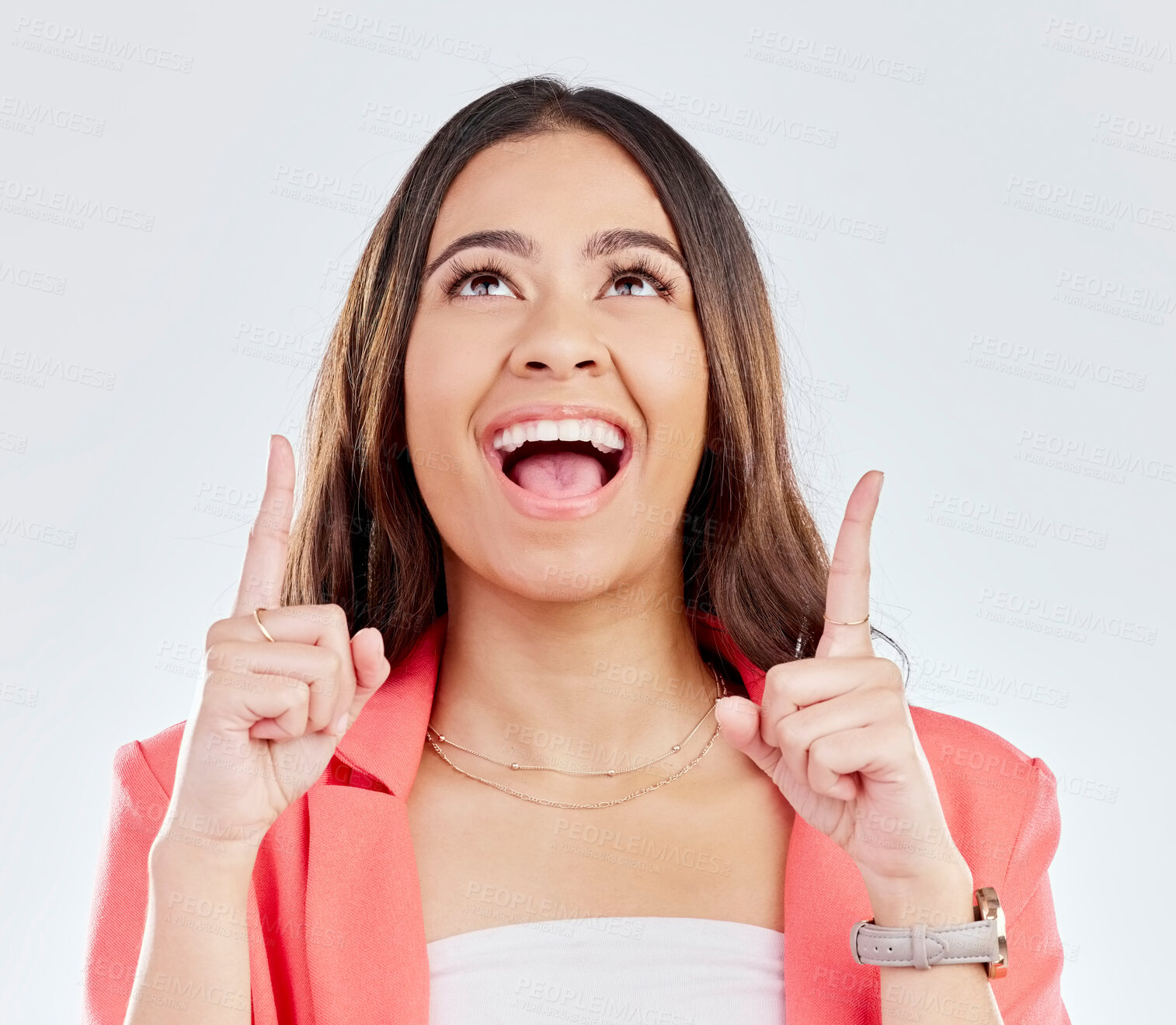 Buy stock photo Pointing up, excited or happy woman for a fashion sale, retail product offer or discount deal in studio. Wow, smile or girl showing mockup space or menu choice promotion isolated on white background