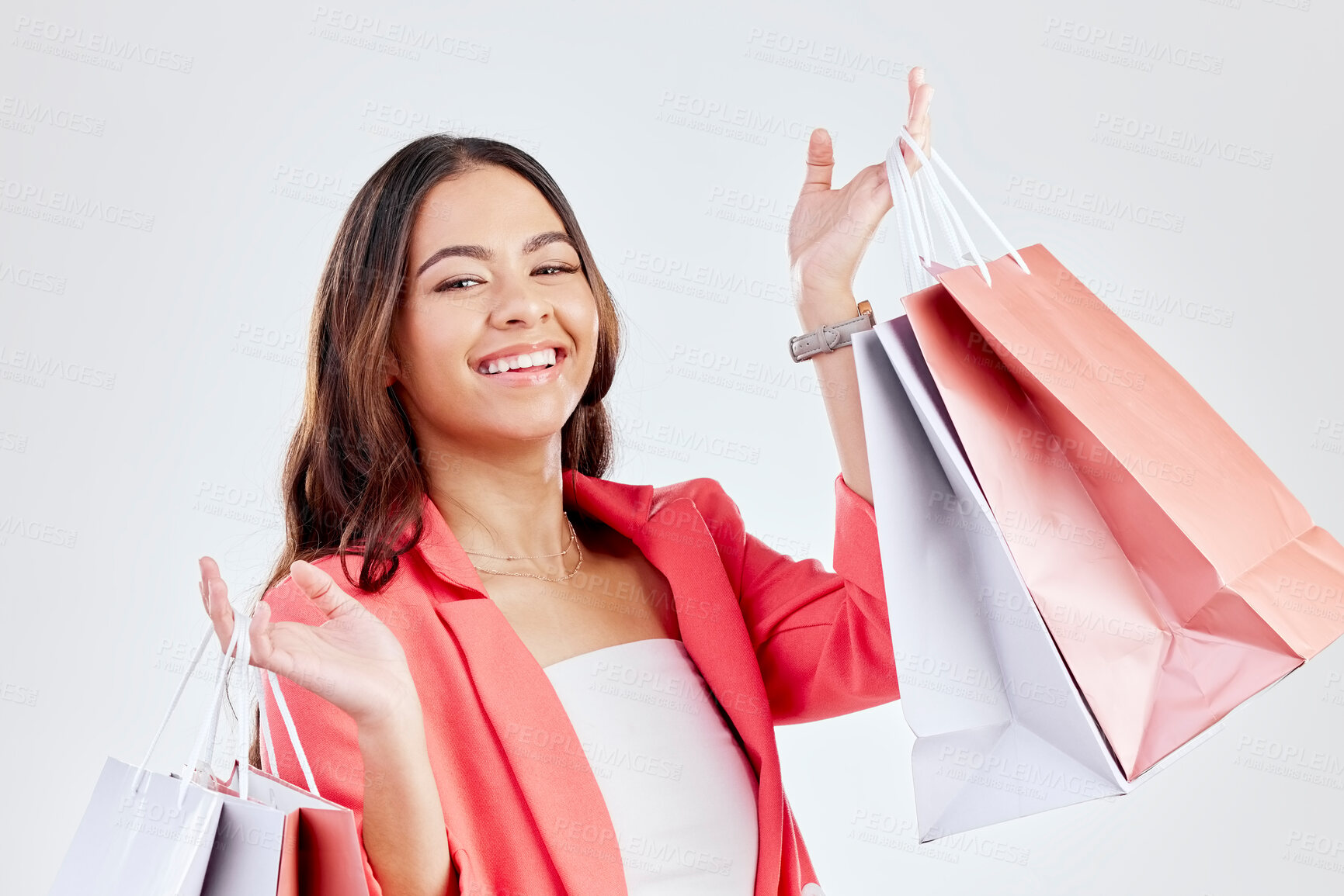 Buy stock photo Fashion, studio or happy woman with shopping bags for retail sale, product offer or discount deal. Choice, customer or girl shopper holding gift, package or products on promotion on white background