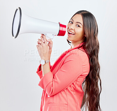 Buy stock photo Portrait, megaphone or happy woman with announcement on a white background for speech or review. Smile, attention or voice of girl with news or broadcast of opinion on mockup space talking on speaker