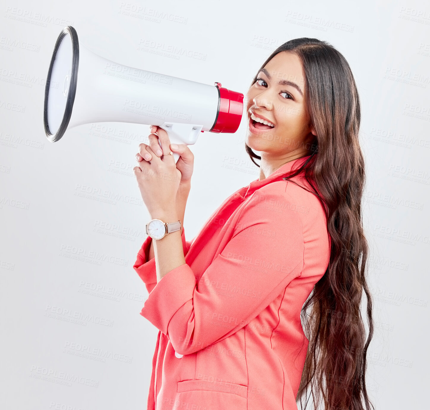 Buy stock photo Portrait, megaphone or happy woman with announcement on a white background for speech or review. Smile, attention or voice of girl with news or broadcast of opinion on mockup space talking on speaker