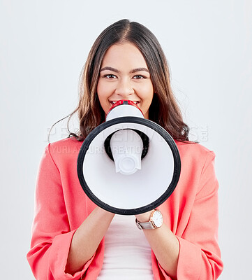 Buy stock photo Portrait, megaphone or happy woman with announcement, speech or review on white background. Smile, attention or voice of girl with news or broadcast of opinion or talking on microphone or speaker 