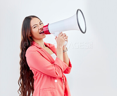 Buy stock photo Portrait, megaphone or woman shouting an announcement, speech or sale on white background. Scream, attention or voice of girl with news or broadcast of opinion on mockup space talking on mic speaker