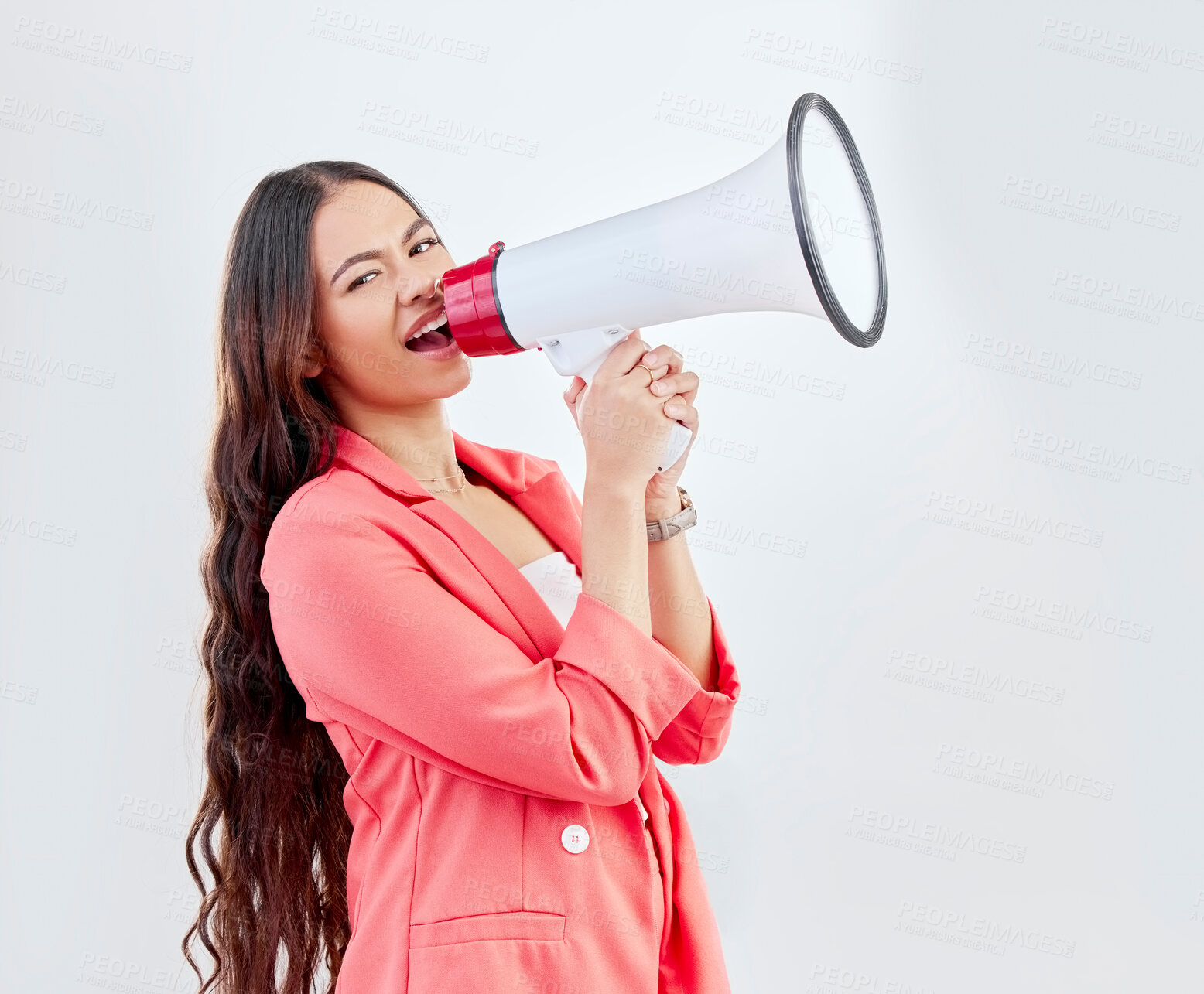 Buy stock photo Portrait, megaphone or woman shouting an announcement, speech or sale on white background. Scream, attention or voice of girl with news or broadcast of opinion on mockup space talking on mic speaker