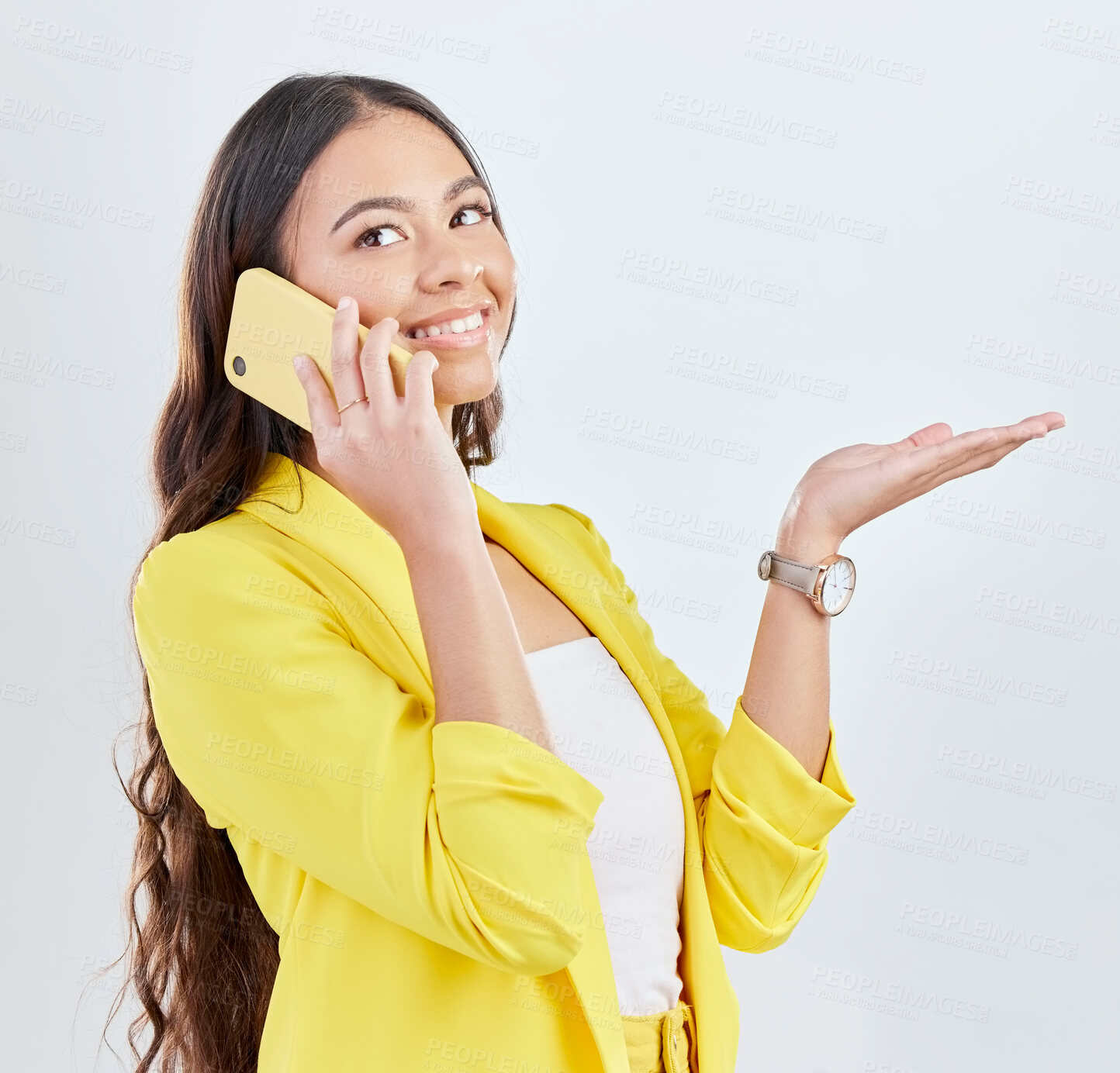 Buy stock photo Phone call, business and happy woman palm gesture for sales product space, promotion or corporate announcement. Cellphone communication, presentation and professional person smile on white background
