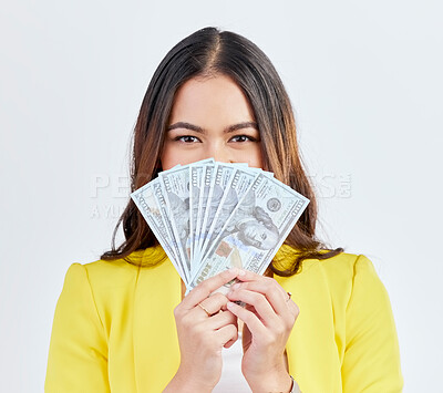 Buy stock photo Money portrait, hide or business woman with cash dollar bills, competition reward or bonus salary prize. Studio winner, economy or female trader face with income, profit or wealth on white background