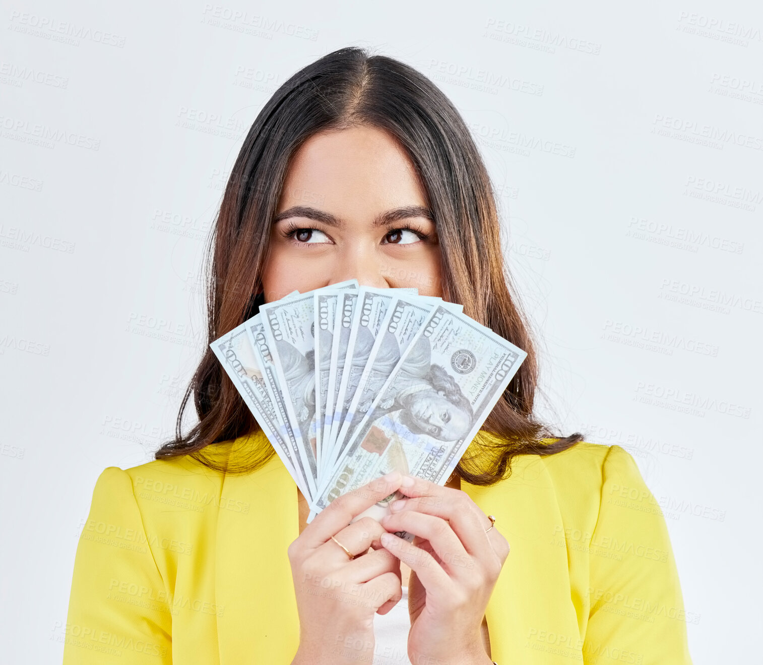 Buy stock photo Money, hidden face or professional woman with cash dollar bills, competition award or giveaway. Studio winner, financial economy or female trader with 401k income, profit or rich on white background