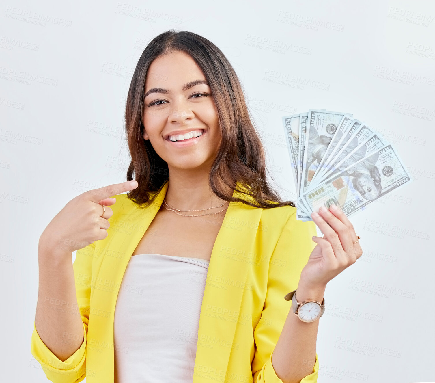Buy stock photo Money, portrait and happy woman point at business cash prize, bonus salary or investment payment. Financial winner, studio gesture and professional person smile for wealth revenue on white background