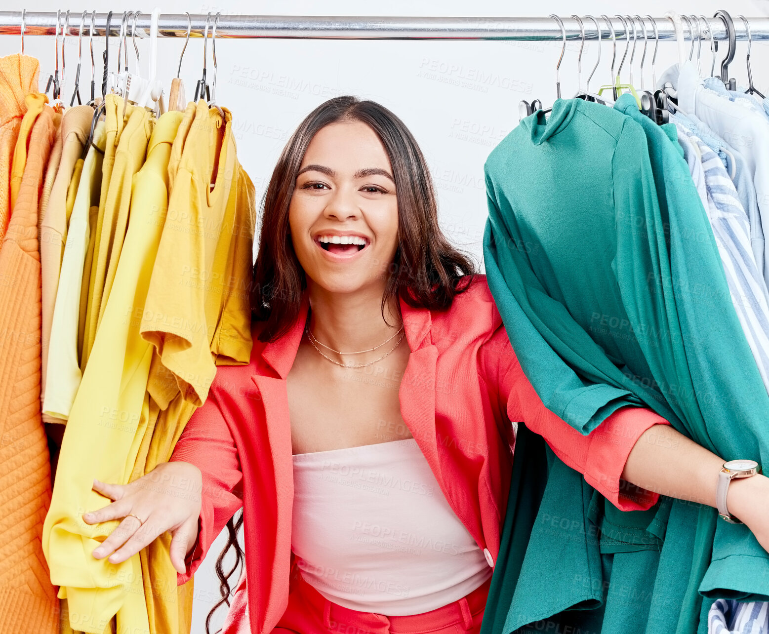 Buy stock photo Fashion, smile and clothes with portrait of woman in studio for decision, shopping and wardrobe. Boutique, retail and store with face of customer on white background for search, creative and sale