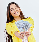 Dollar money, portrait or happy woman, business trader or person show cash prize, competition victory or savings deal. Winner, studio or corporate agent face with smile for wealth on white background