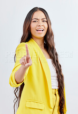 Buy stock photo Problem, angry and portrait of a woman with discipline, strict or conflict as a teacher. Anger, fight and a young girl showing a finger while frustrated and isolated on a white background in a studio