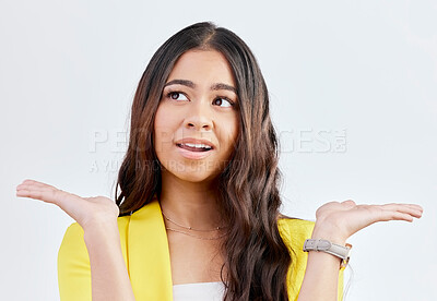 Buy stock photo Thinking, face and business woman comparison with mockup space, scale balance or corporate strategy. Answer, palm gesture and studio person brainstorming plan, decision or choice on white background