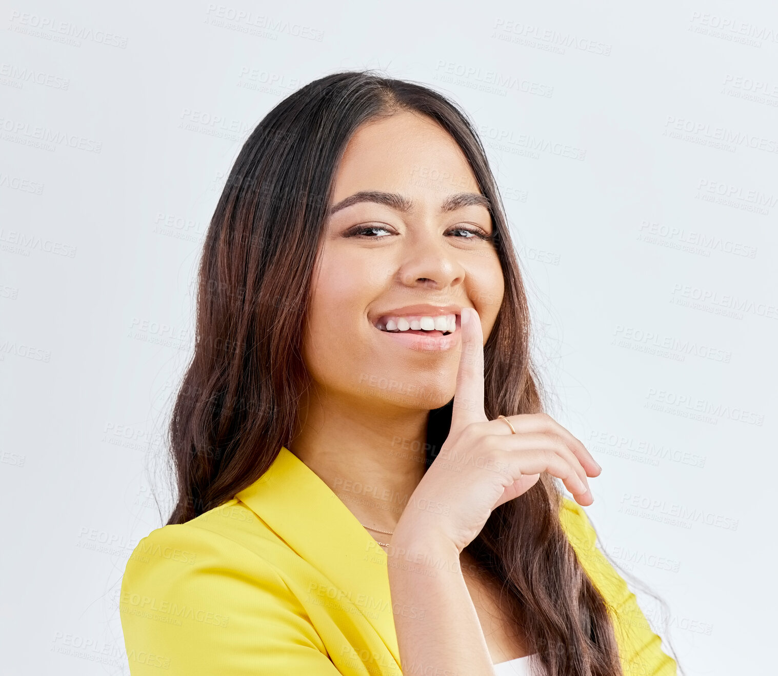 Buy stock photo Happy, corporate and portrait of a woman with confidence, secret or finger on mouth. Smile, silence and a female employee with a gesture for quiet and isolated on a white background in a studio