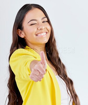 Buy stock photo Portrait, support and woman with thumbs up, promotion and success against a white studio background. Wink, female person or model with hand gesture, achievement or like with symbol or positive review