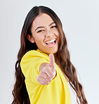 Portrait, support and woman with thumbs up, excited or achievement on a white studio background. Face, female person or model with hand gesture, agreement or promotion with a sign, feedback or review