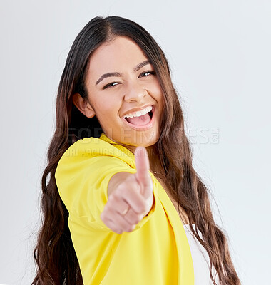 Buy stock photo Portrait, support and woman with thumbs up, excited or achievement on a white studio background. Face, female person and like with hand gesture, agreement or promotion with a sign, feedback or review